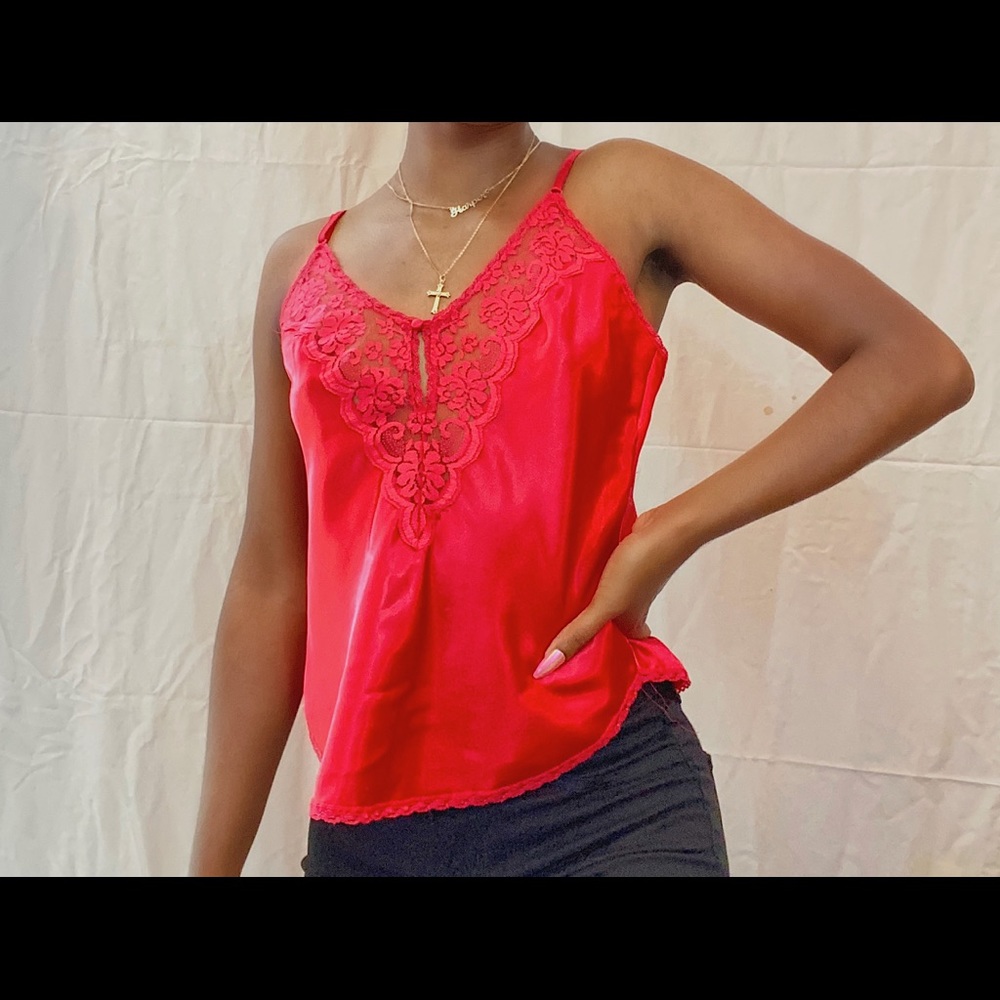 Red satin-like top with lace